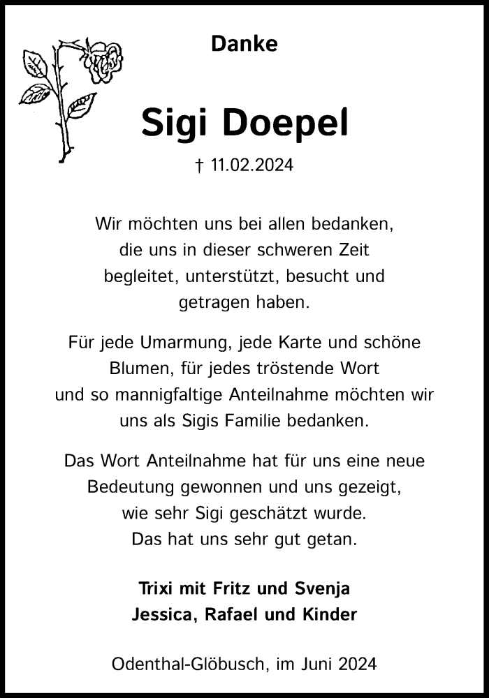  Traueranzeige für Sigi Doepel vom 08.06.2024 aus Kölner Stadt-Anzeiger / Kölnische Rundschau / Express