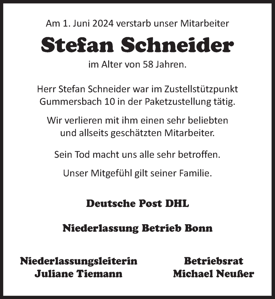  Traueranzeige für Stefan Schneider vom 14.06.2024 aus  Anzeigen Echo 