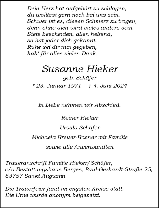 Anzeige von Susanne Hieker von  Extra Blatt 