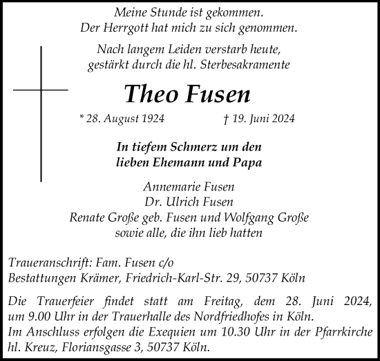 Anzeige von Theo Fusen von Kölner Stadt-Anzeiger / Kölnische Rundschau / Express