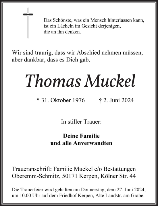 Anzeige von Thomas Muckel von  Werbepost 
