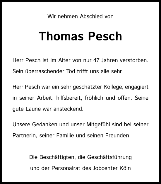 Anzeige von Thomas Pesch von Kölner Stadt-Anzeiger / Kölnische Rundschau / Express