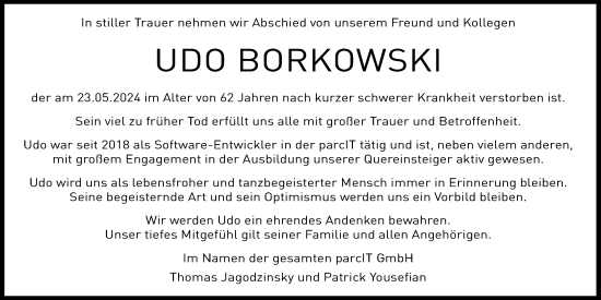 Anzeige von Udo Borowski von Kölner Stadt-Anzeiger / Kölnische Rundschau / Express