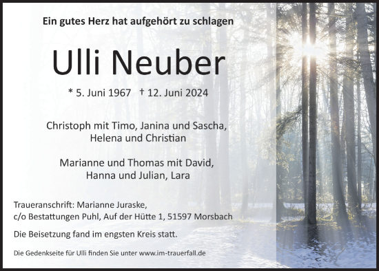 Anzeige von Ulli Neuber von  Lokalanzeiger 