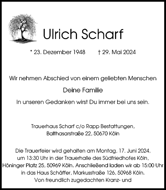 Anzeige von Ulrich Scharf von Kölner Stadt-Anzeiger / Kölnische Rundschau / Express