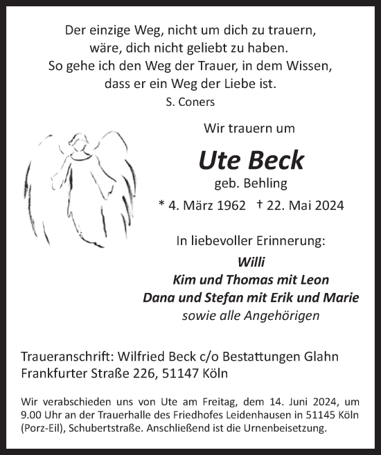 Anzeige von Ute Beck von  EXPRESS - Die Woche 