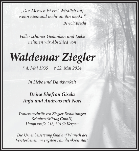 Anzeige von Waldemar Ziegler von  Werbepost 
