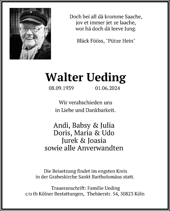 Anzeige von Walter Ueding von Kölner Stadt-Anzeiger / Kölnische Rundschau / Express