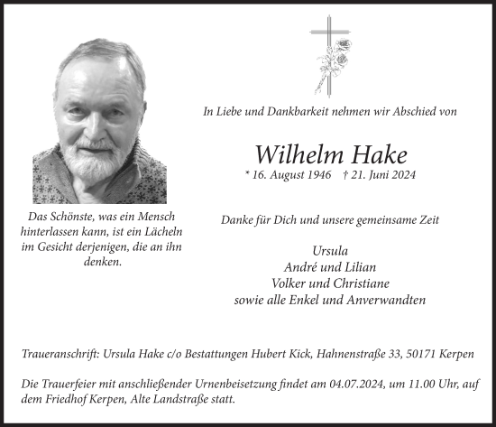 Anzeige von Wilhelm Hake von  Werbepost 