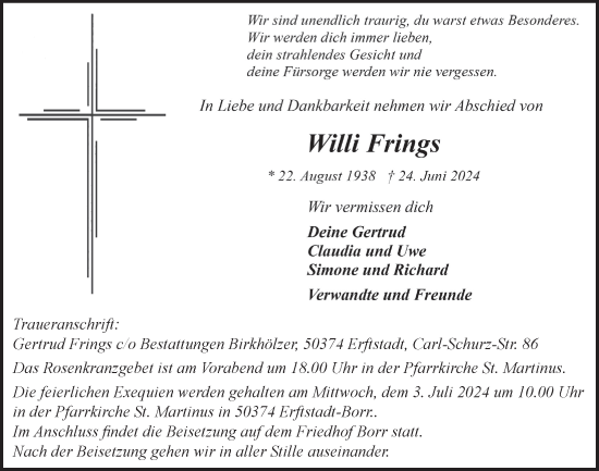 Anzeige von Willi Frings von  Werbepost 