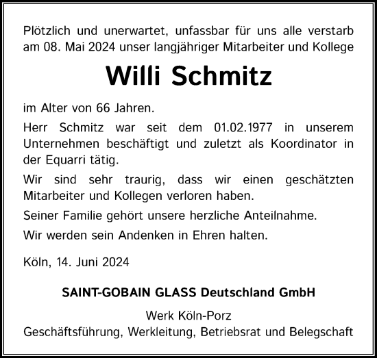 Anzeige von Willi Schmitz von Kölner Stadt-Anzeiger / Kölnische Rundschau / Express