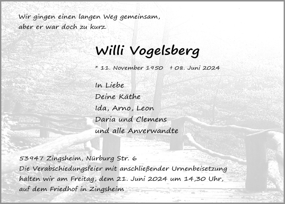  Traueranzeige für Willi Vogelsberg vom 15.06.2024 aus  Blickpunkt Euskirchen 