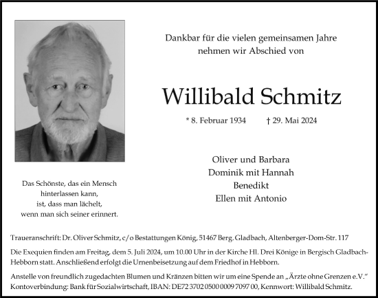 Anzeige von Willibald Schmitz von  Bergisches Handelsblatt 