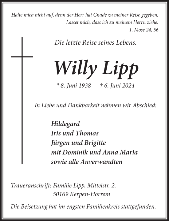 Anzeige von Willy Lipp von  Werbepost 