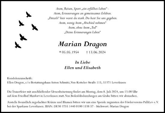 Anzeige von Marian Dragon von Kölner Stadt-Anzeiger / Kölnische Rundschau / Express