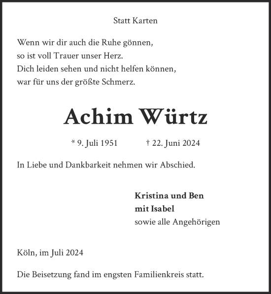 Anzeige von Achim Würtz von  EXPRESS - Die Woche 