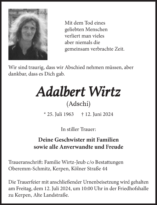 Anzeige von Adalbert Wirtz von  Werbepost 