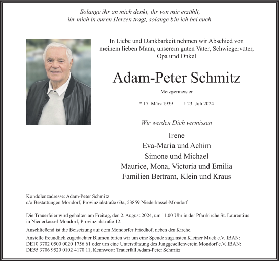 Anzeige von Adam-Peter Schmitz von Kölner Stadt-Anzeiger / Kölnische Rundschau / Express