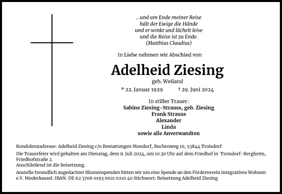 Anzeige von Adelheid Ziesing von Kölner Stadt-Anzeiger / Kölnische Rundschau / Express