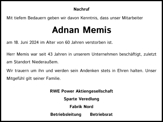 Anzeige von Adnan Memis von Kölner Stadt-Anzeiger / Kölnische Rundschau / Express