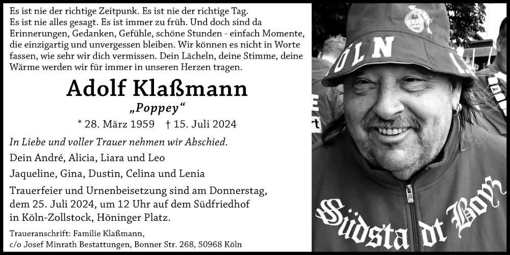  Traueranzeige für Adolf Klaßmann vom 20.07.2024 aus Kölner Stadt-Anzeiger / Kölnische Rundschau / Express