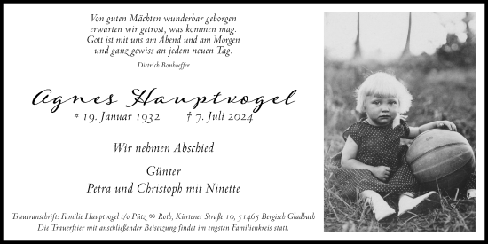 Anzeige von Agnes Hauptvogel von Kölner Stadt-Anzeiger / Kölnische Rundschau / Express