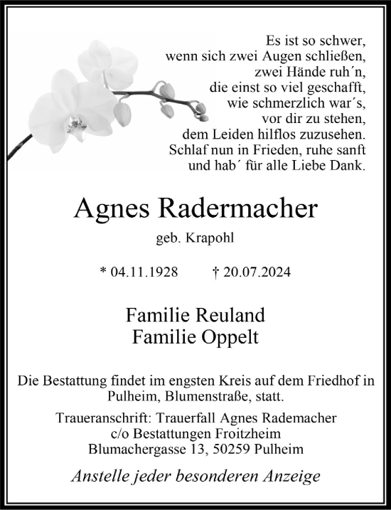 Anzeige von Agnes Radermacher von  Wochenende 