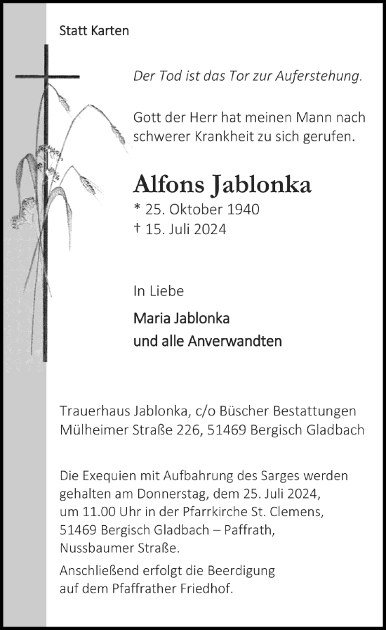 Anzeige von Alfons Jablonka von  Bergisches Handelsblatt 