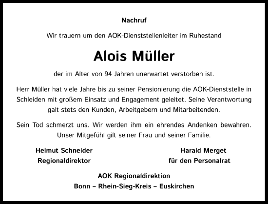 Anzeige von Alois Müller von Kölner Stadt-Anzeiger / Kölnische Rundschau / Express