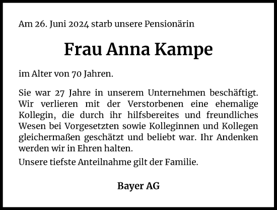 Anzeige von Anna Kampe von Kölner Stadt-Anzeiger / Kölnische Rundschau / Express