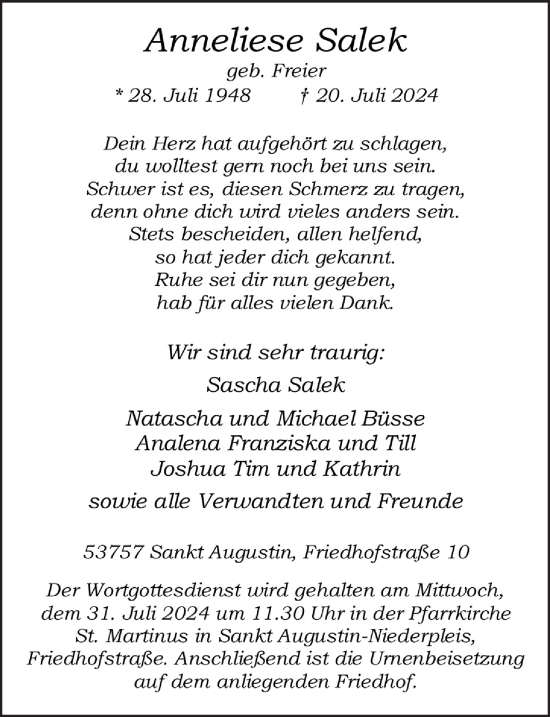 Anzeige von Anneliese Salek von  Extra Blatt 