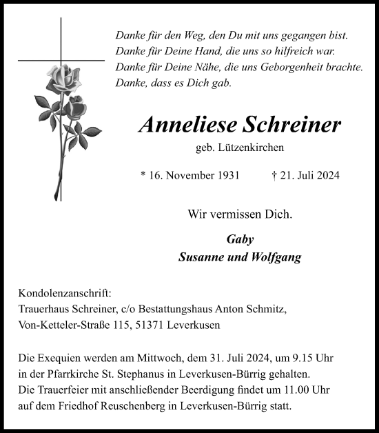 Anzeige von Anneliese Schreiner von Kölner Stadt-Anzeiger / Kölnische Rundschau / Express