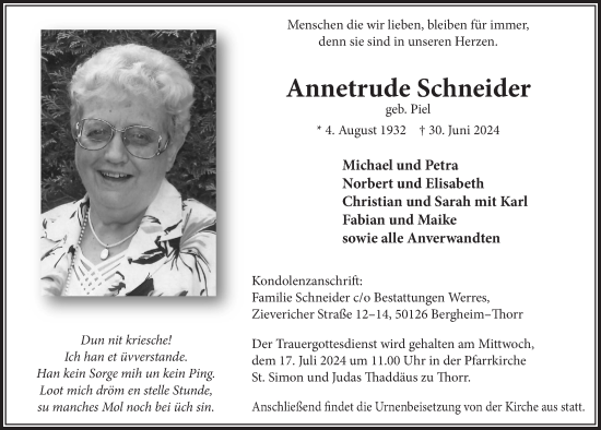 Anzeige von Annetrude Schneider von  Werbepost 