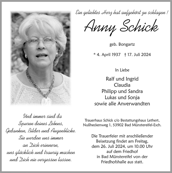 Anzeige von Anny Schick von  Blickpunkt Euskirchen 
