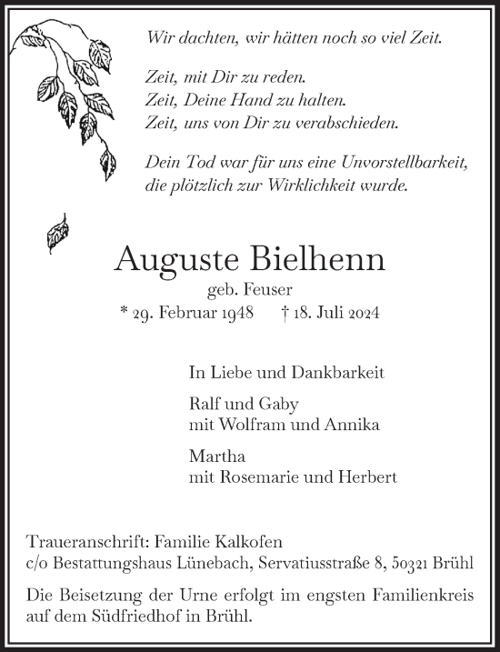 Anzeige von Auguste Bielhenn von  Schlossbote/Werbekurier 