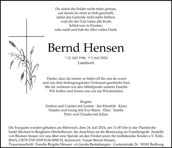 Anzeige von Bernd Hensen von  Werbepost 