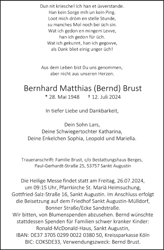 Anzeige von Bernhard Matthias Brust von  Extra Blatt 