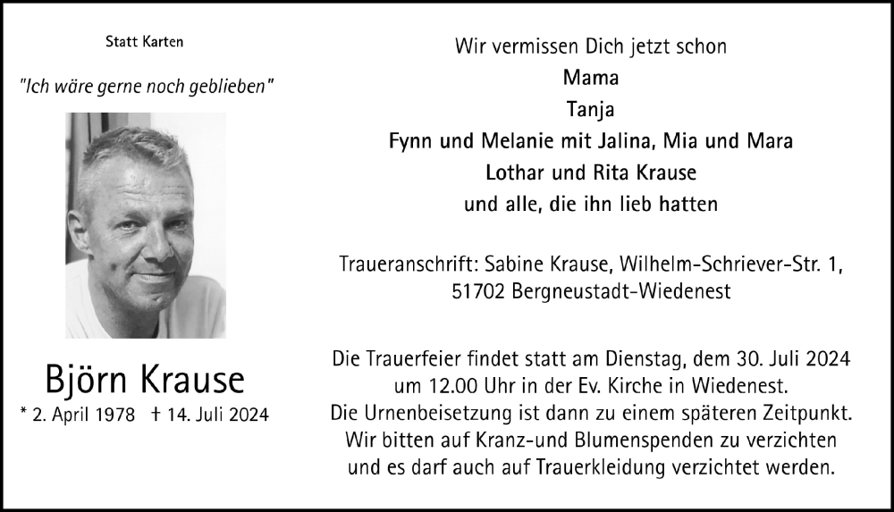  Traueranzeige für Björn Krause vom 26.07.2024 aus  Anzeigen Echo 