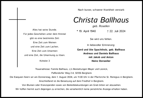 Anzeige von Christa Ballhaus von Kölner Stadt-Anzeiger / Kölnische Rundschau / Express