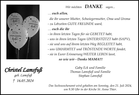 Anzeige von Christel Lamsfuß von Kölner Stadt-Anzeiger / Kölnische Rundschau / Express