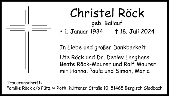 Anzeige von Christel Röck von Kölner Stadt-Anzeiger / Kölnische Rundschau / Express
