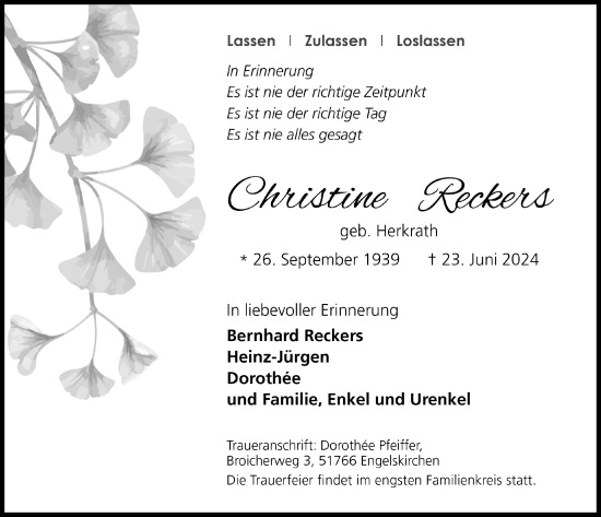 Anzeige von Christine Reckers von  Bergisches Handelsblatt 