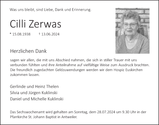 Anzeige von Cilli Zerwas von  Blickpunkt Euskirchen 