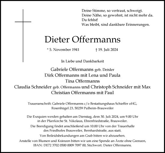 Anzeige von Dieter Offermanns von  Wochenende 