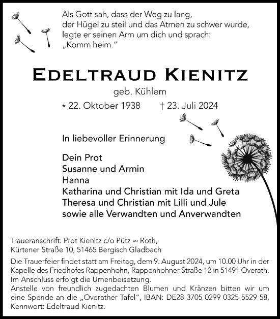 Anzeige von Edeltraud Kienitz von Kölner Stadt-Anzeiger / Kölnische Rundschau / Express