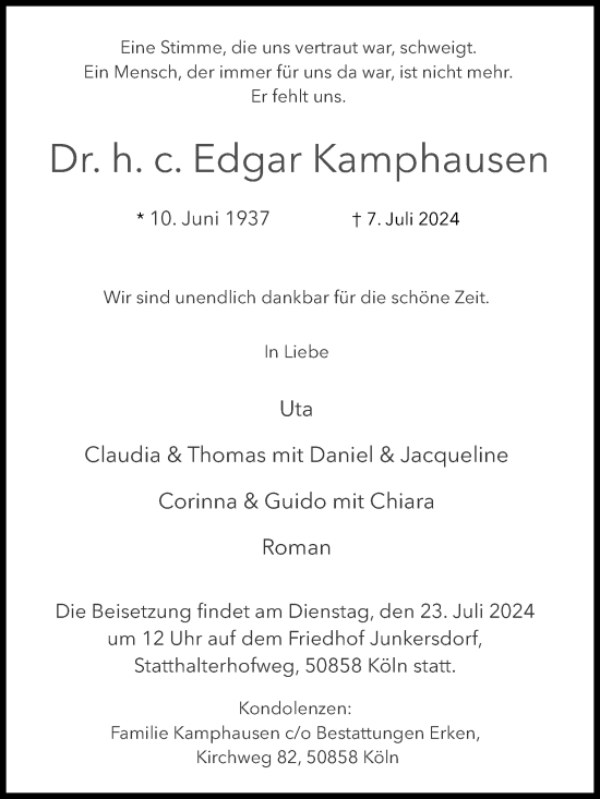 Anzeige von Edgar Kamphausen von Kölner Stadt-Anzeiger / Kölnische Rundschau / Express