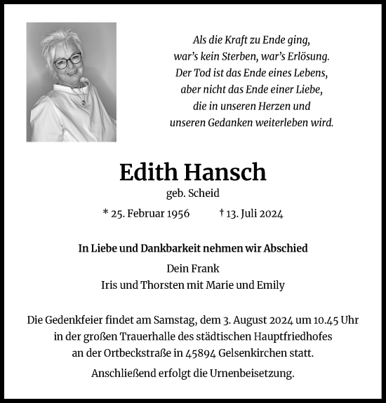 Anzeige von Edith Hansch von Kölner Stadt-Anzeiger / Kölnische Rundschau / Express