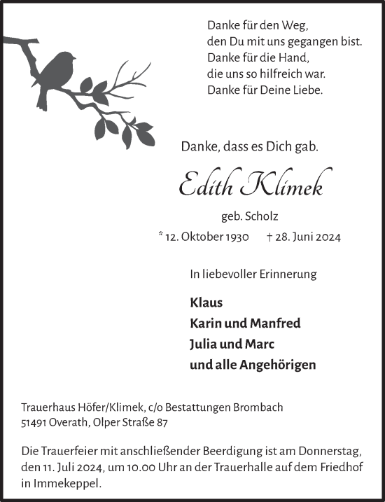 Anzeige von Edith Klimek von  Bergisches Handelsblatt 