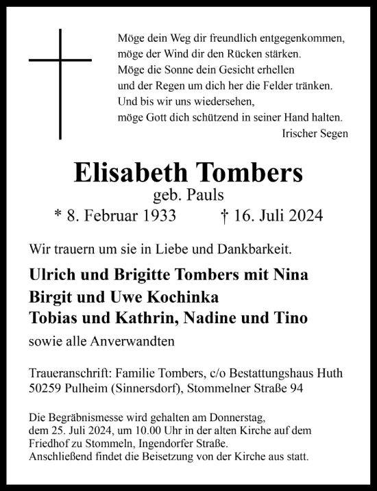 Anzeige von Elisabeth Tombers von  Wochenende 