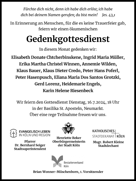 Anzeige von Elisabeth Donate Chtcherbinskene von Kölner Stadt-Anzeiger / Kölnische Rundschau / Express
